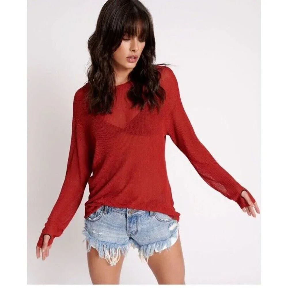 One Teaspoon Rust Red Amity Sheer Ribbed Knit Top Long Sleeve Shirt Size XS